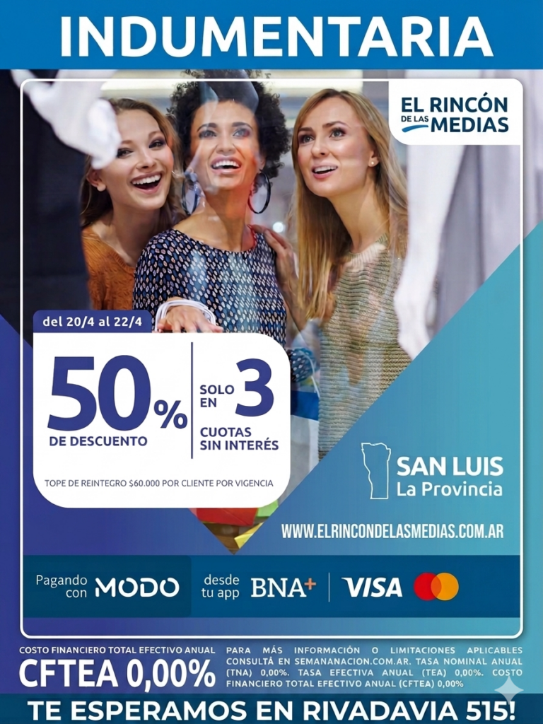 Promoción 50 por ciento descuento Banco Nación en El Rincón de las Medias San Luis Rivadavia 515. Compra online en www.elrincondelasmedias.com.ar